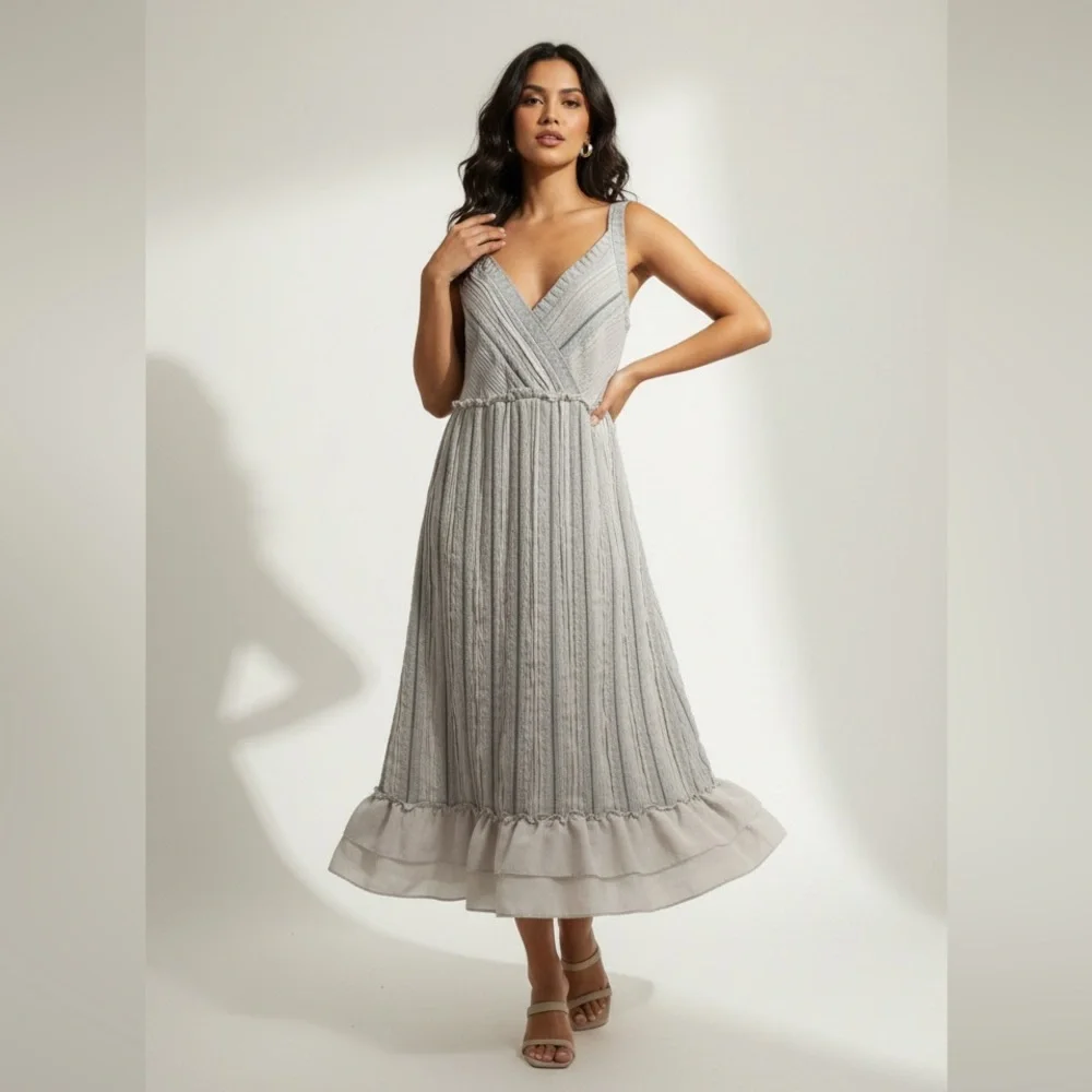 NWT Calvin Klein Sz S Y2K Knit Empire Tiered Chiffon Ruffle Midi Slip Dress - Picture 1 of 12
